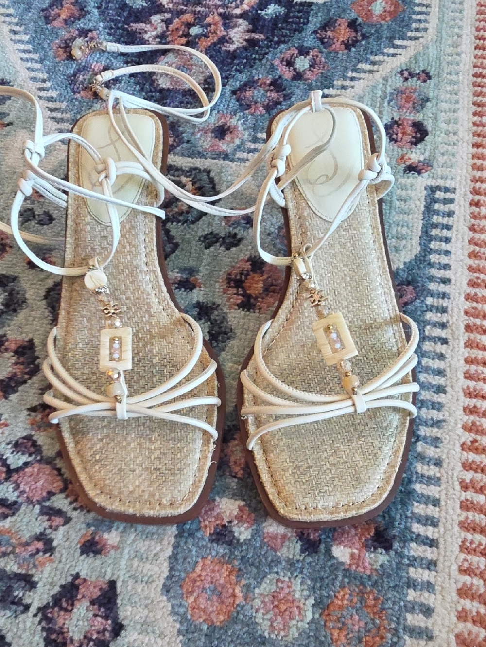 White Strappy Women's Sandals with Beaded Accent